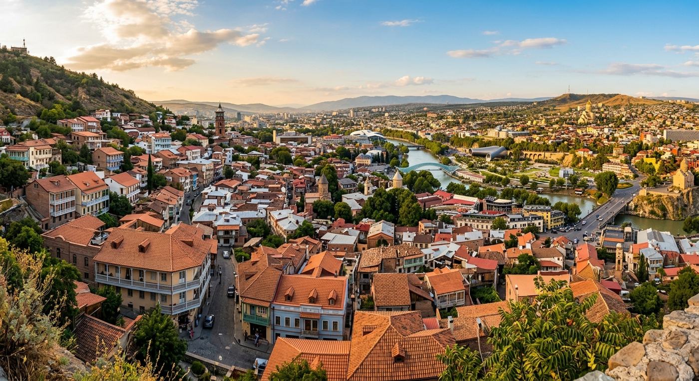 Hillside vineyards and old town rooftops in Tbilisi, Georgia
